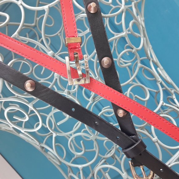 2 Belts Genuine Leather Thin Studded with Spikes Metal Studs Grommets Rivet BOGO - Picture 5 of 16